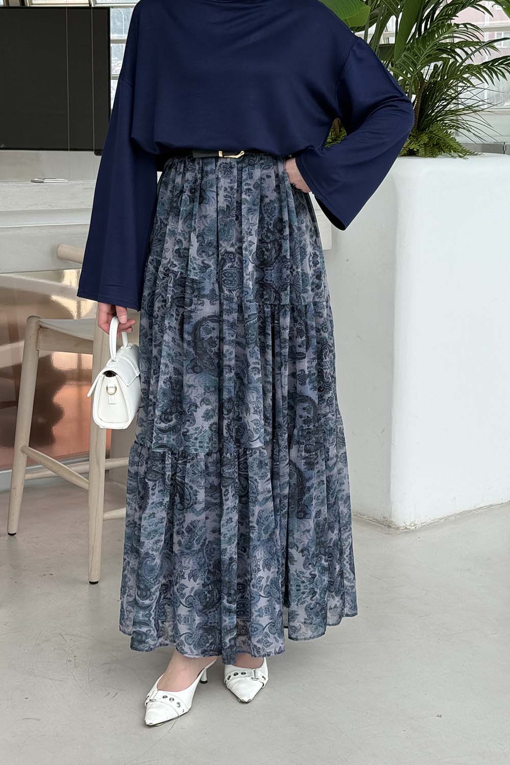 Lamelif Etnik Desen Pileli Etek İndigo