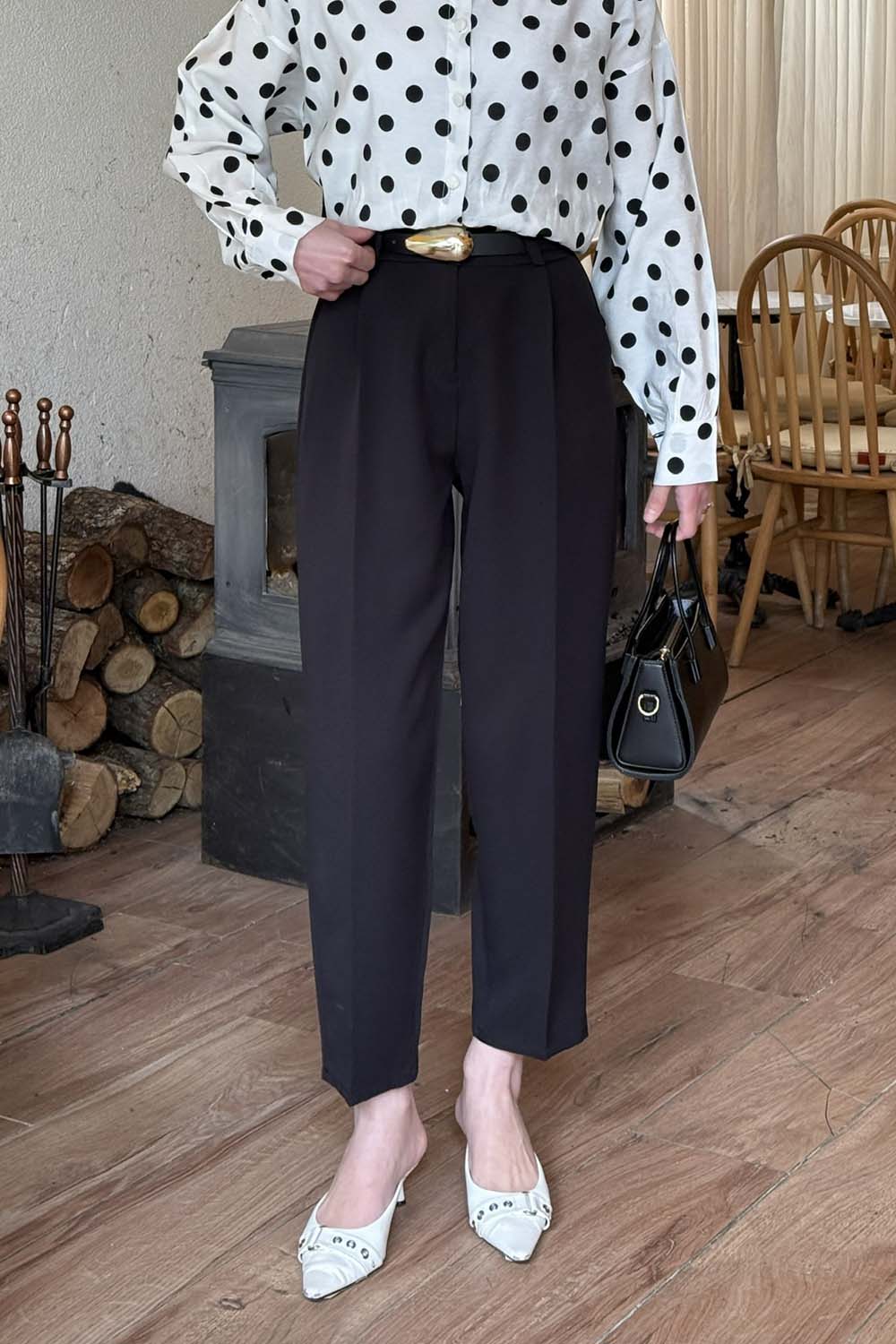 Black Combed Fabric Normal Waist Material Pants