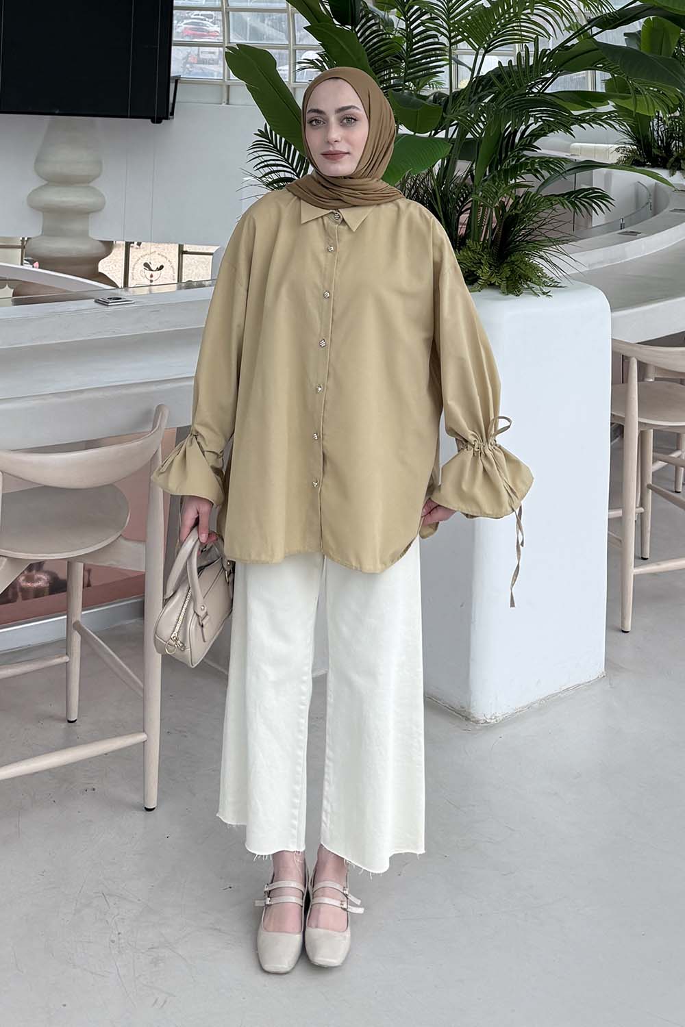 Lamelif Kol Tünel İp Detaylı Gömlek Bej