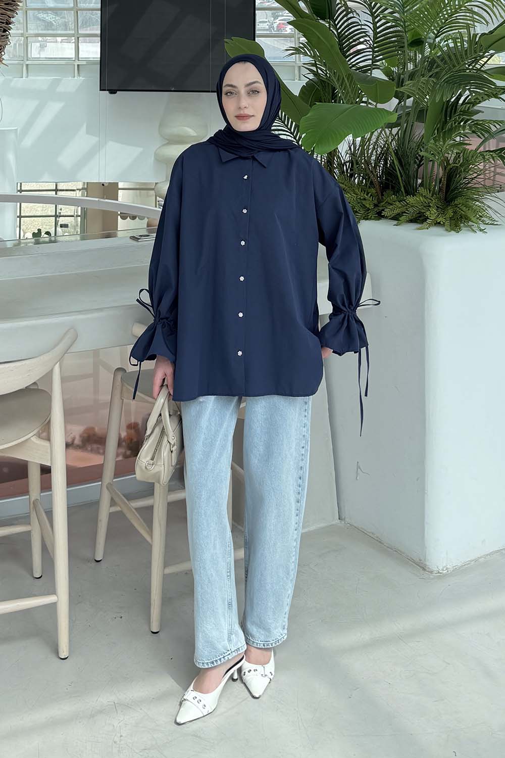 Lamelif Kol Tünel İp Detaylı Gömlek Lacivert