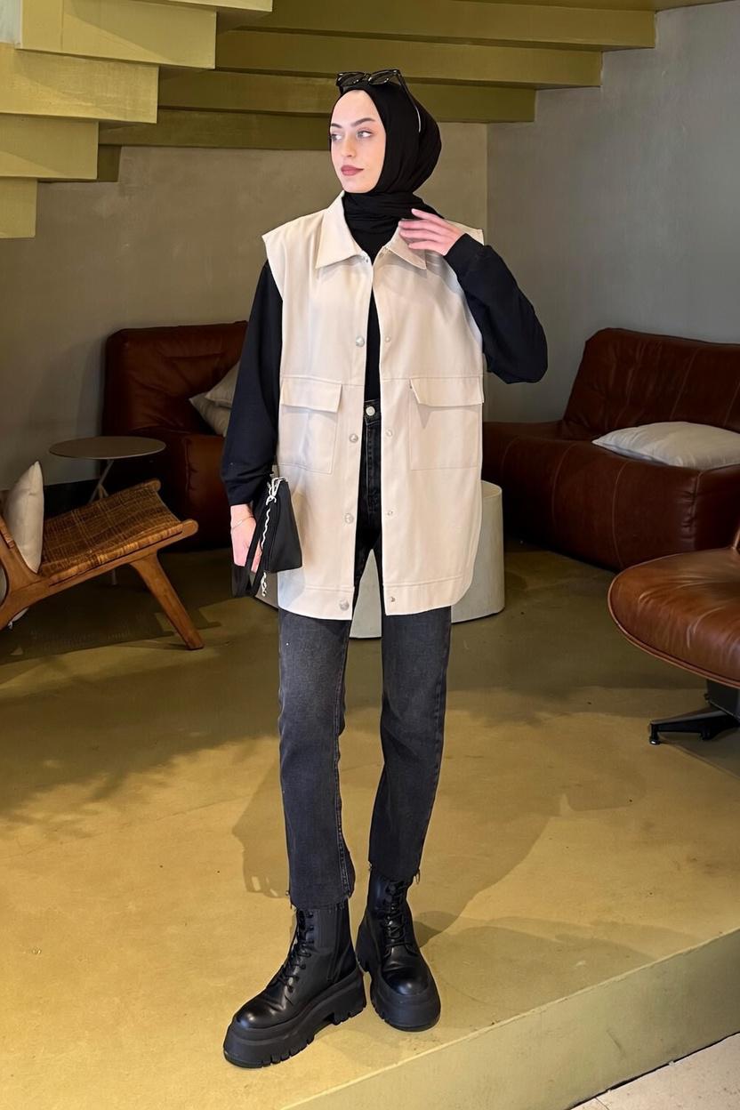 Lamelif Önü Çıtçıt Düğmeli Yelek Kum Beji