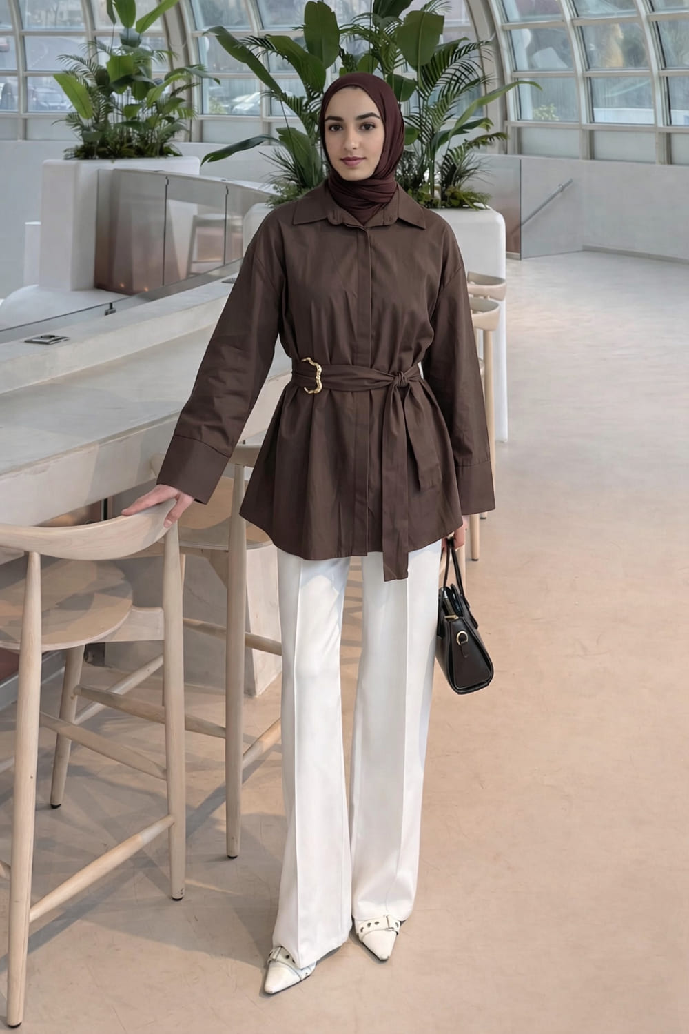 Lamelif Toka Detaylı Uzun Kuşaklı Gömlek Koyu Kahverengi