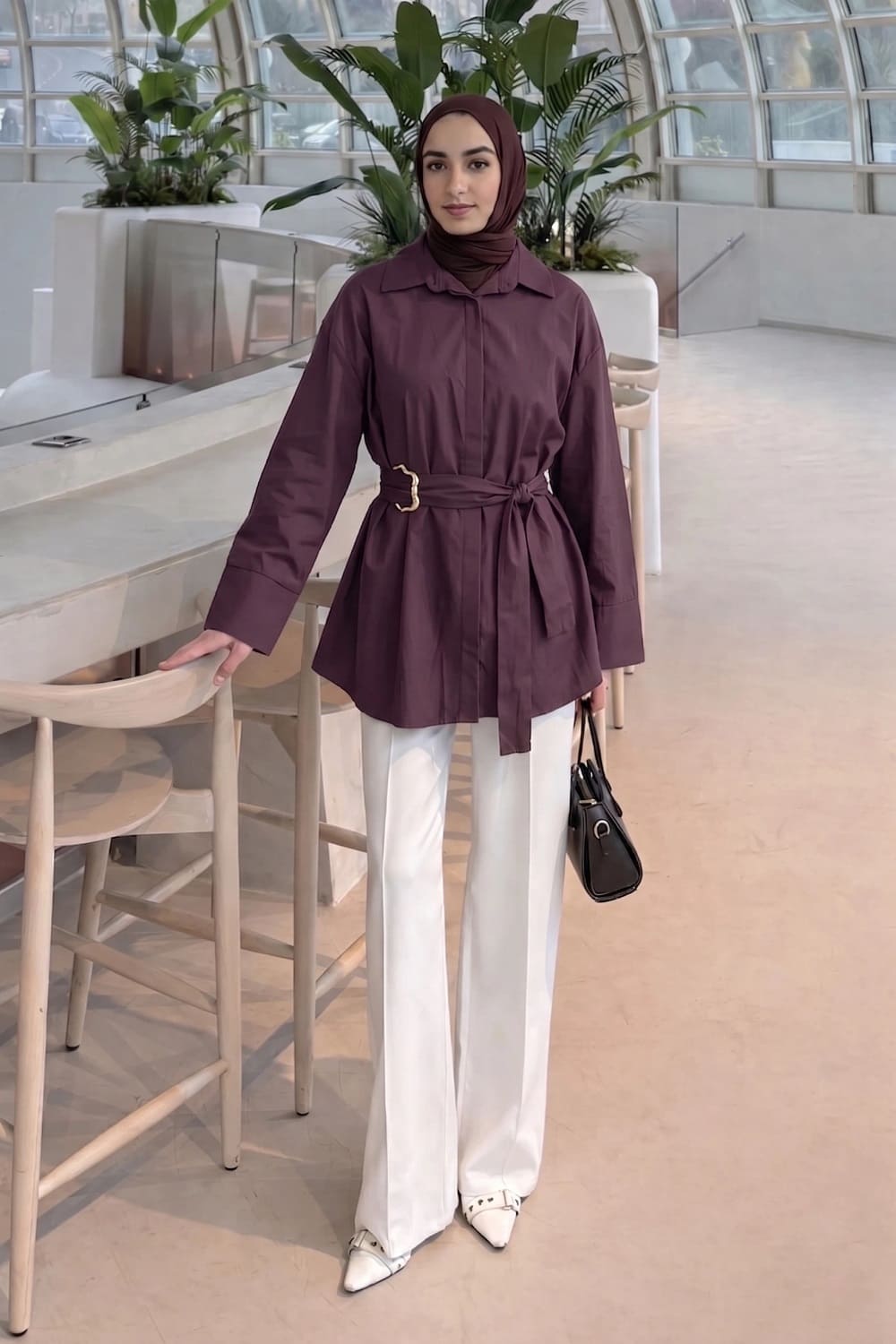 Lamelif Toka Detaylı Uzun Kuşaklı Gömlek Mürdüm