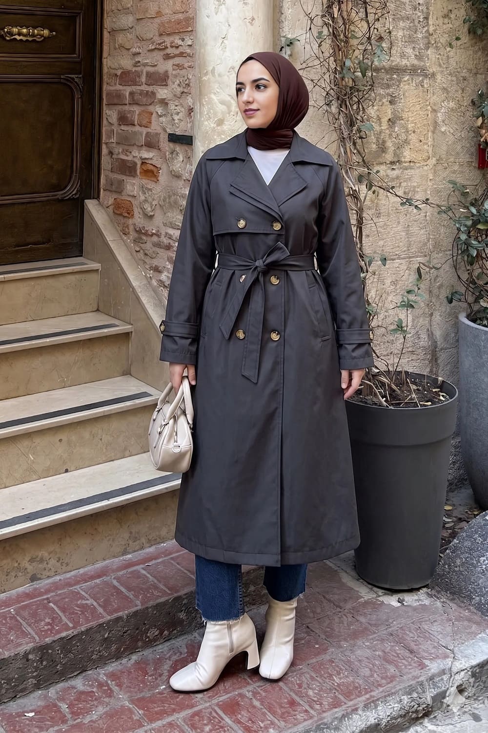 Lamelif Sırt Düğme Detaylı Bağlamalı Trençkot Siyah