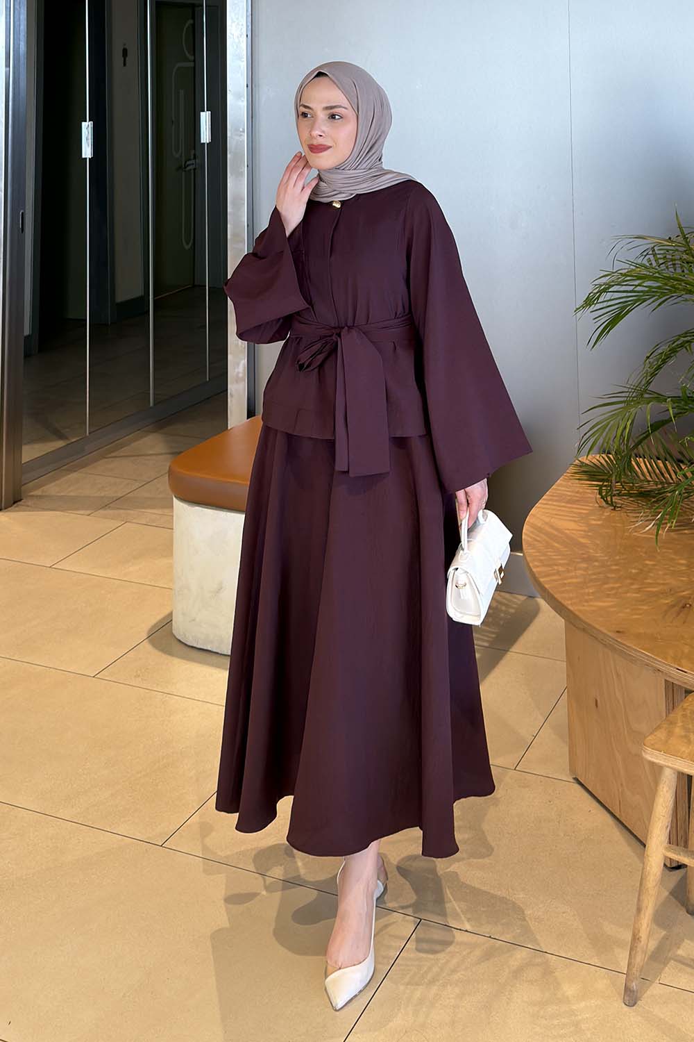 Lamelif Bağcıklı Etek-Bluz İkili Takım Mürdüm