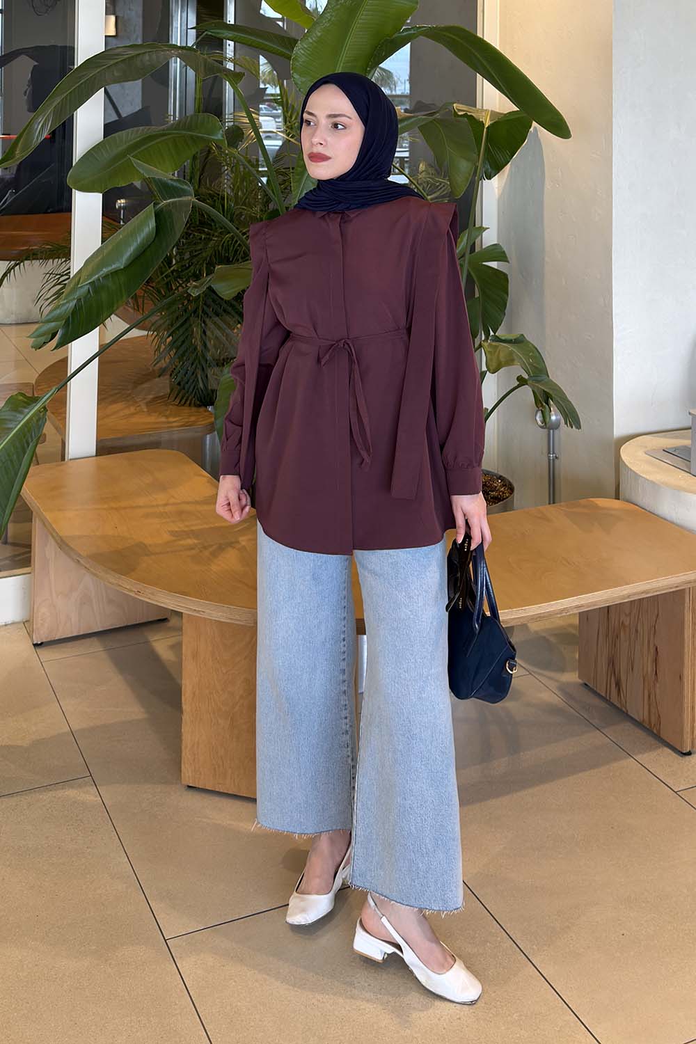 Lamelif Bel Bağlamalı Omuz Vatkalı Gömlek Mürdüm