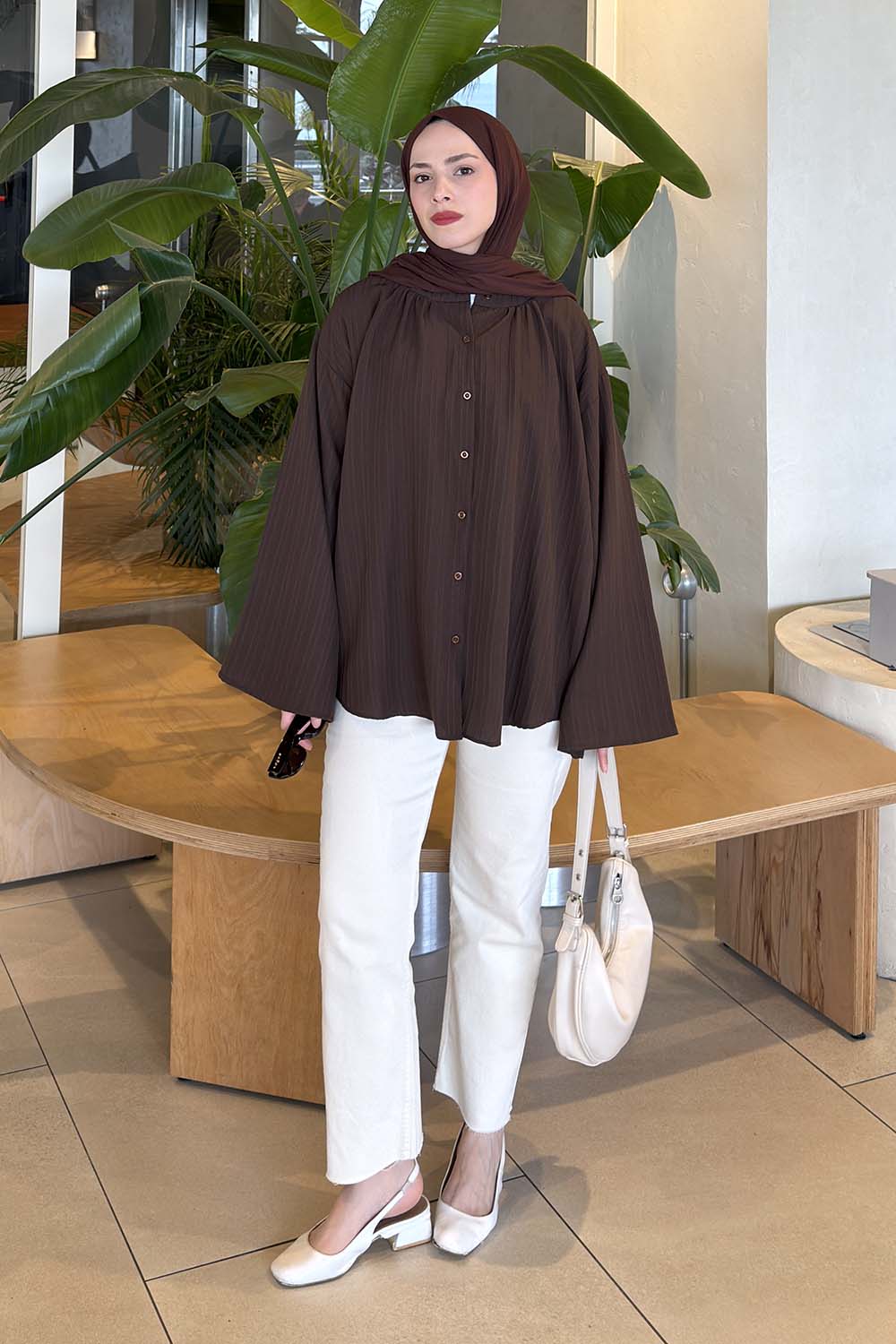 Lamelif Çizgi Detaylı Oversize Tesettür Gömlek Acı Kahve