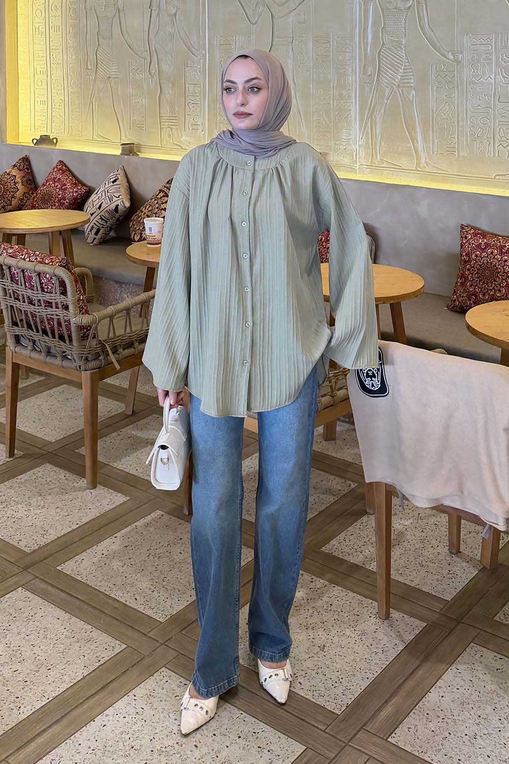 Lamelif Çizgi Detaylı Oversize Tesettür Gömlek Çağla Yeşili