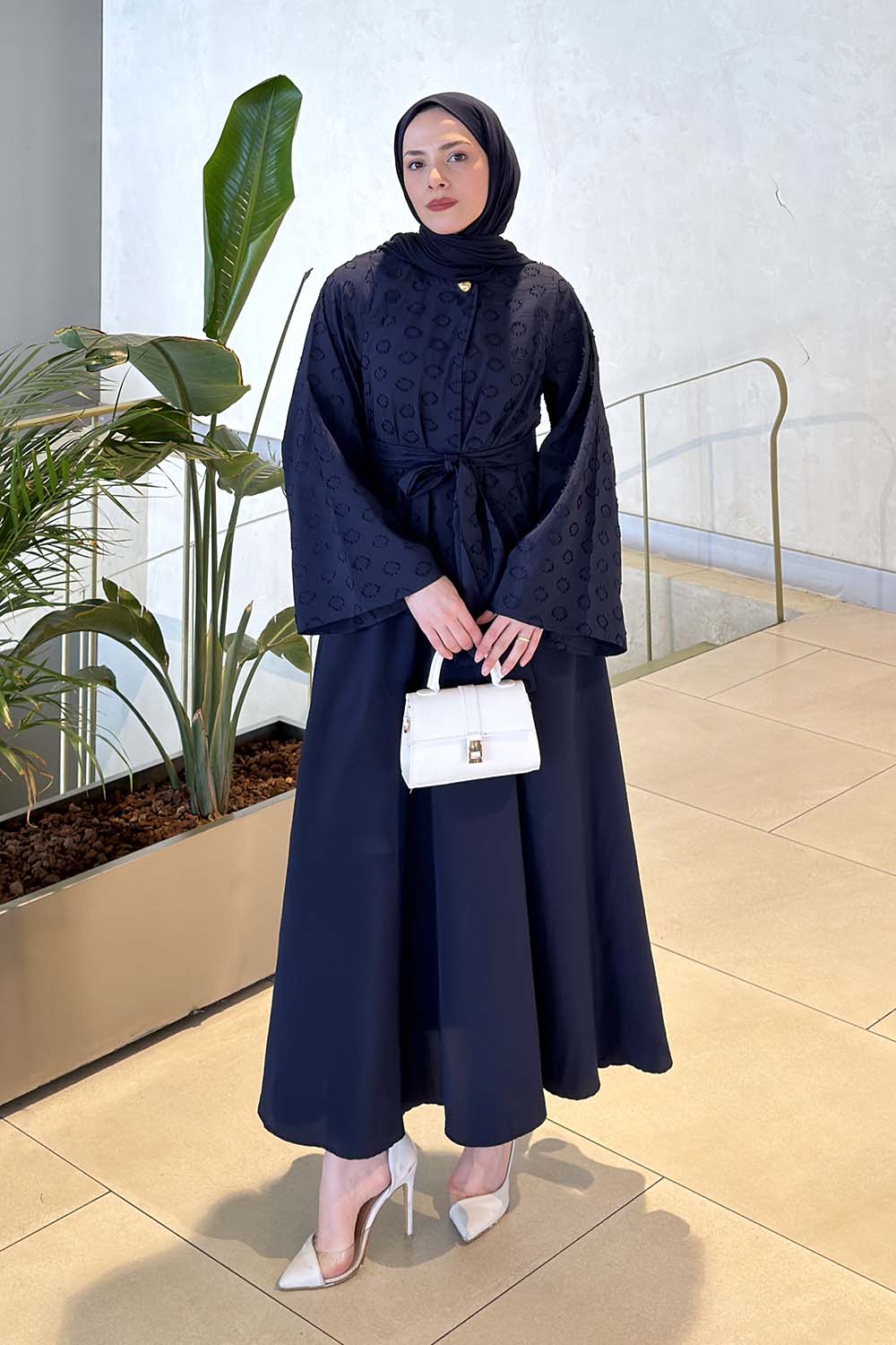 Navy Blue Crew Neck Long Arm Buttoned Polyester Flared Skirt Suit