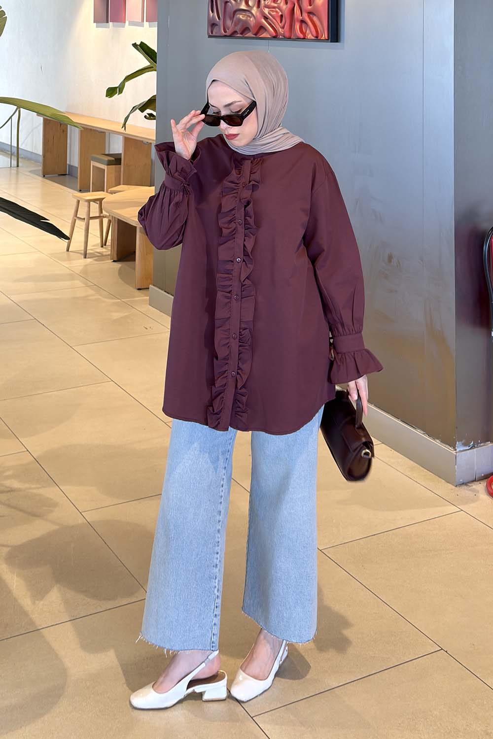 Lamelif Flores Fırfırlı Tunik Mürdüm