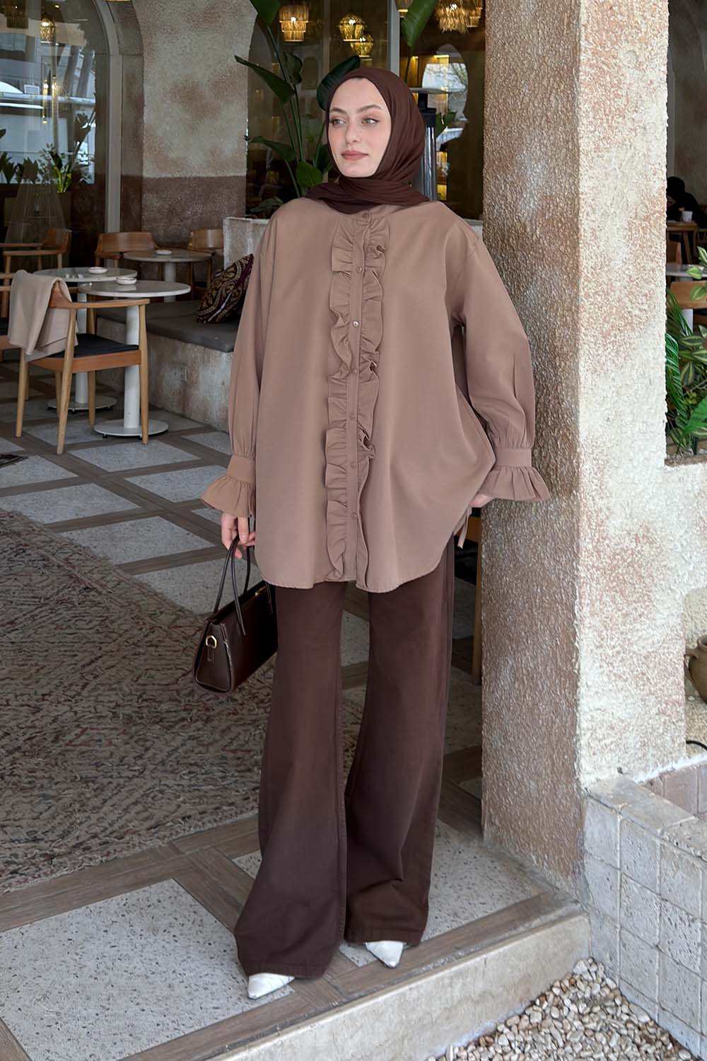 Lamelif Flores Fırfırlı Tunik Soft Kahve