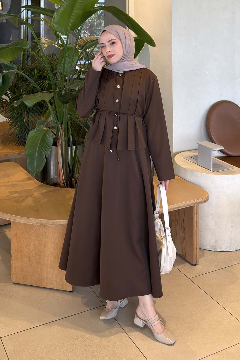 Lamelif Gold Düğme Detaylı Etekli Takım Acı Kahve