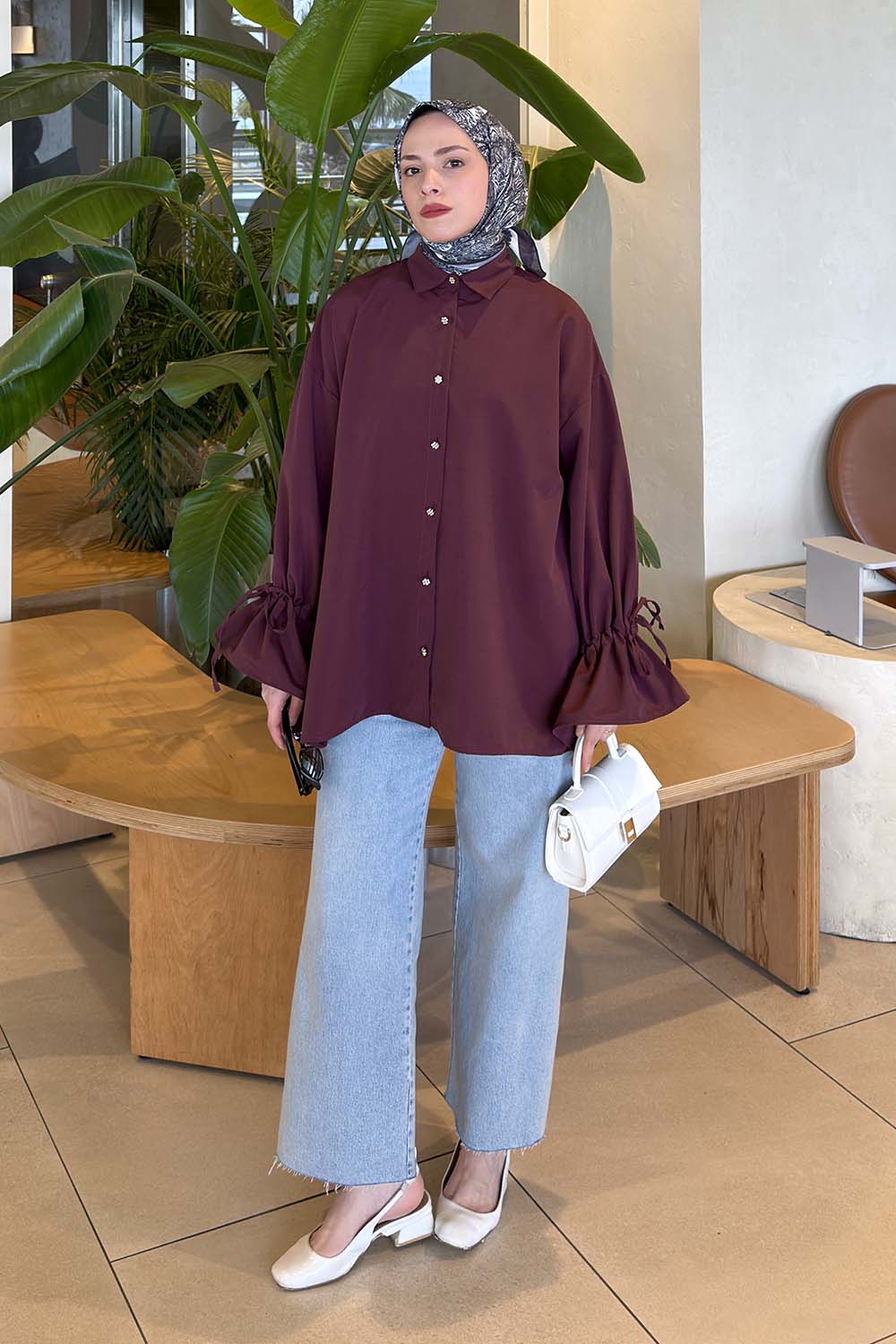 Lamelif Kol Tünel İp Detaylı Gömlek Mürdüm