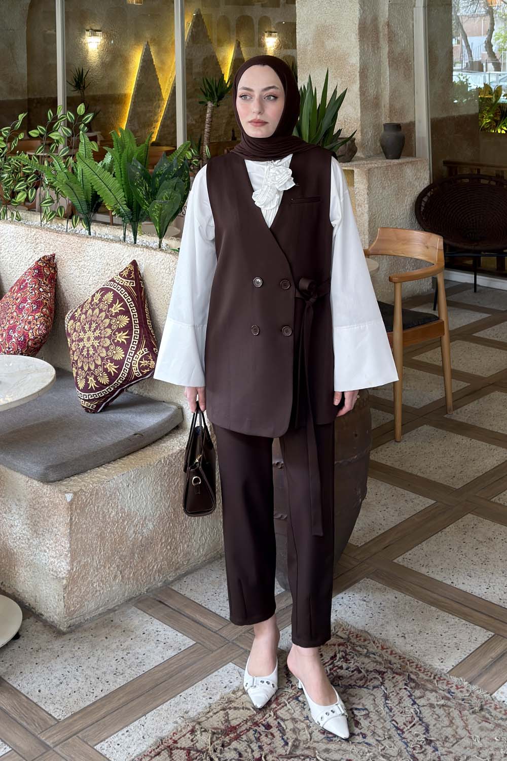 Lamelif Kruvaze Düğme Detaylı Yelek-Pantolon Takım Acı Kahve