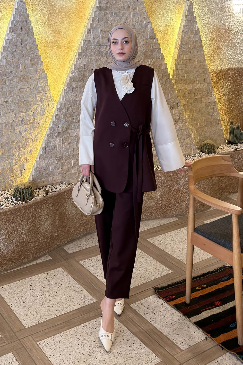 Lamelif Kruvaze Düğme Detaylı Yelek-Pantolon Takım Mürdüm