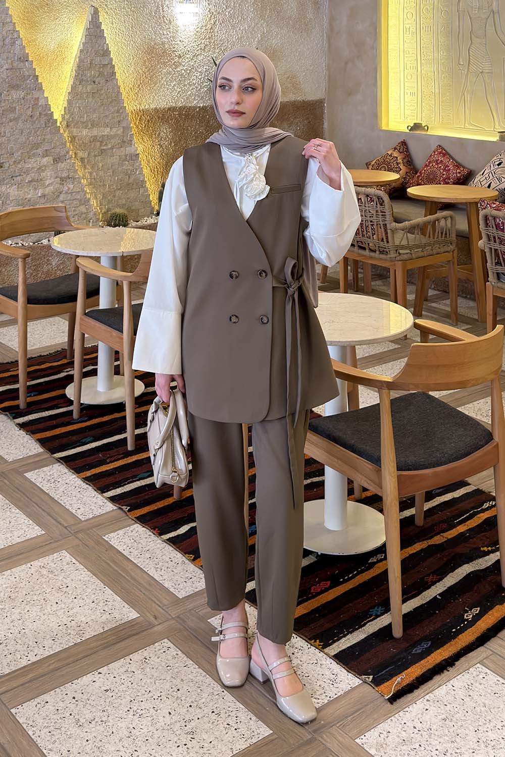 Lamelif Kruvaze Düğme Detaylı Yelek-Pantolon Takım Soft Kahve