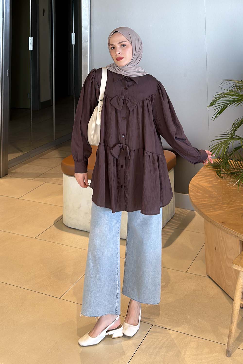 Lamelif Papyon Detaylı Tunik Acı Kahve