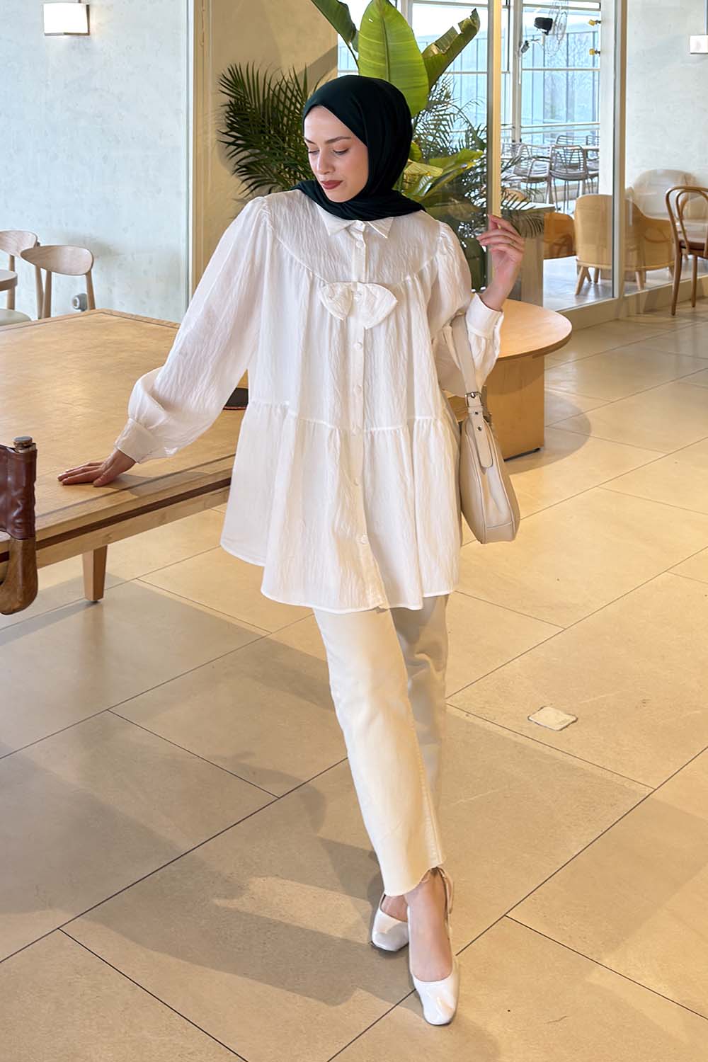White Shirt Collar Polyester Tunic