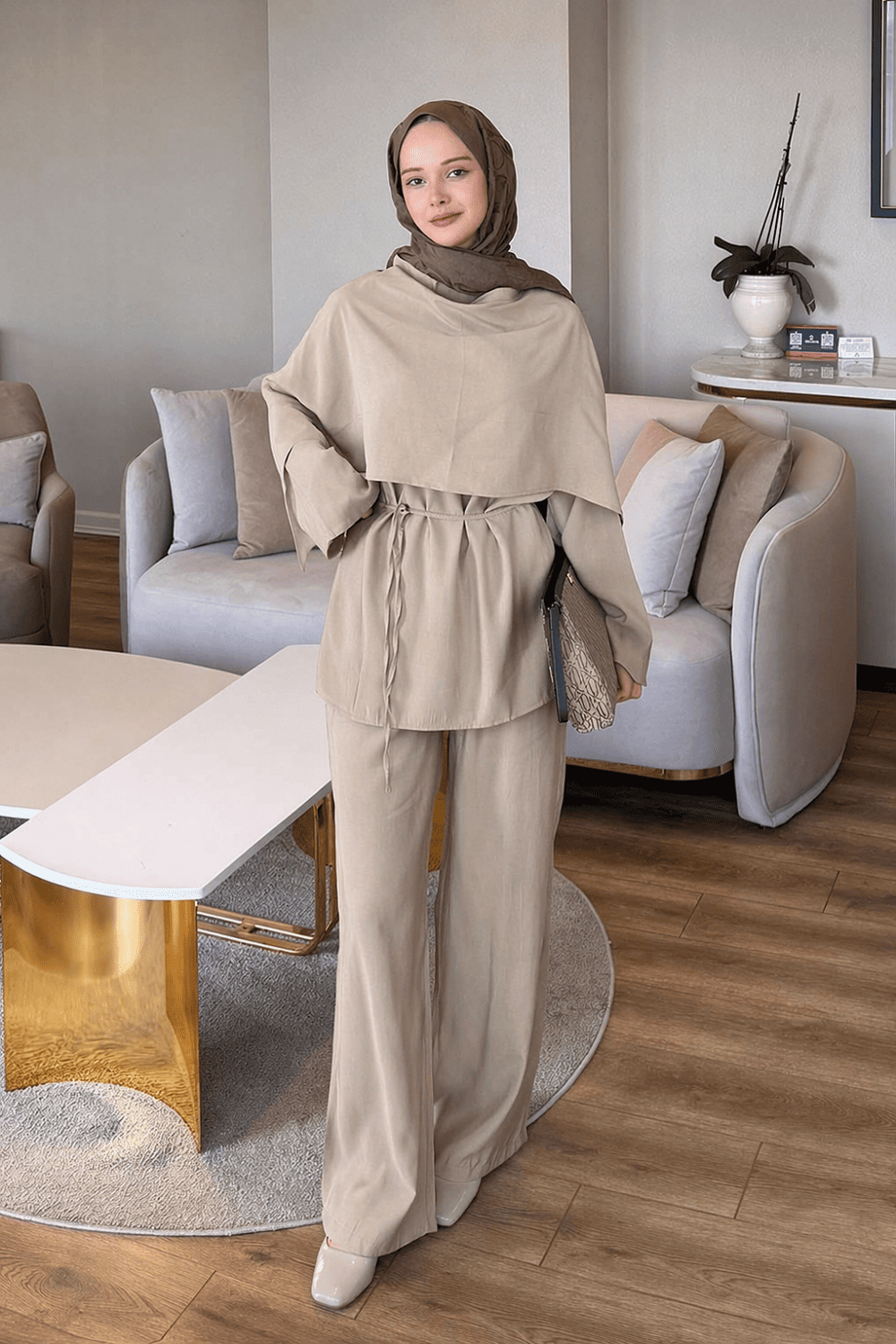 Lamelif Şallı Pantolon Takım Bej