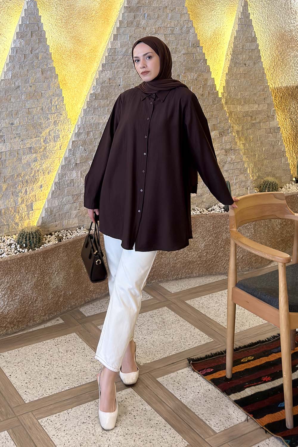 Bitter Brown Shirt Collar Long Arm Poplin Fabric Shirt
