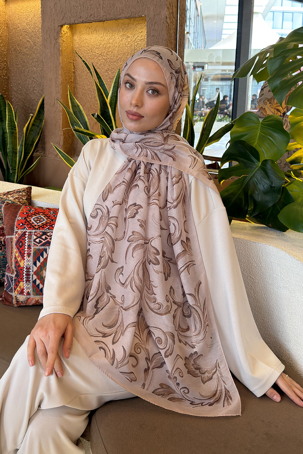 Lamelif Etnik Desen Ferah Şal Bej