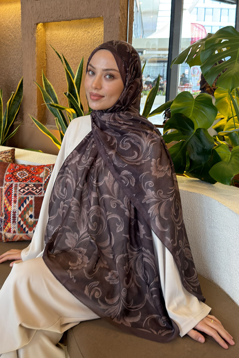 Lamelif Etnik Desen Ferah Şal Soft Kahve