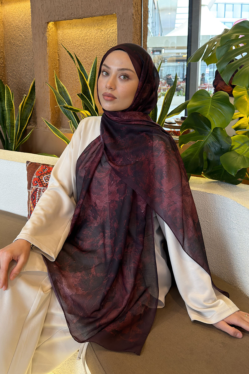 Lamelif Gül Çiçek Desen Ferah Şal Koyu Bordo