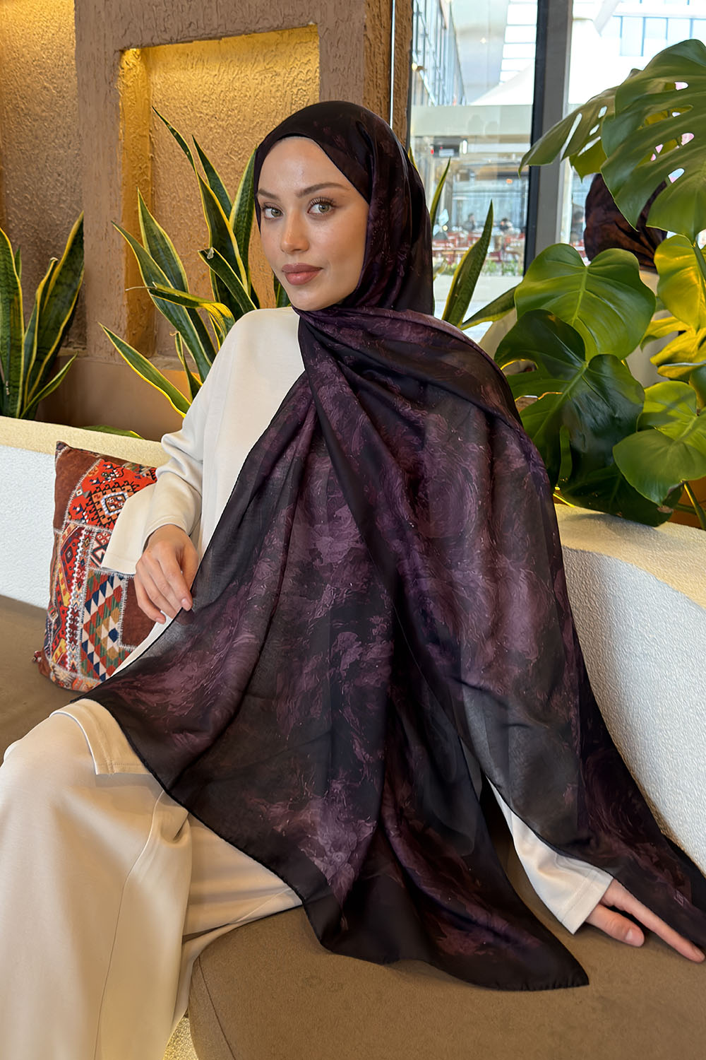 Lamelif Gül Çiçek Desen Ferah Şal Mürdüm