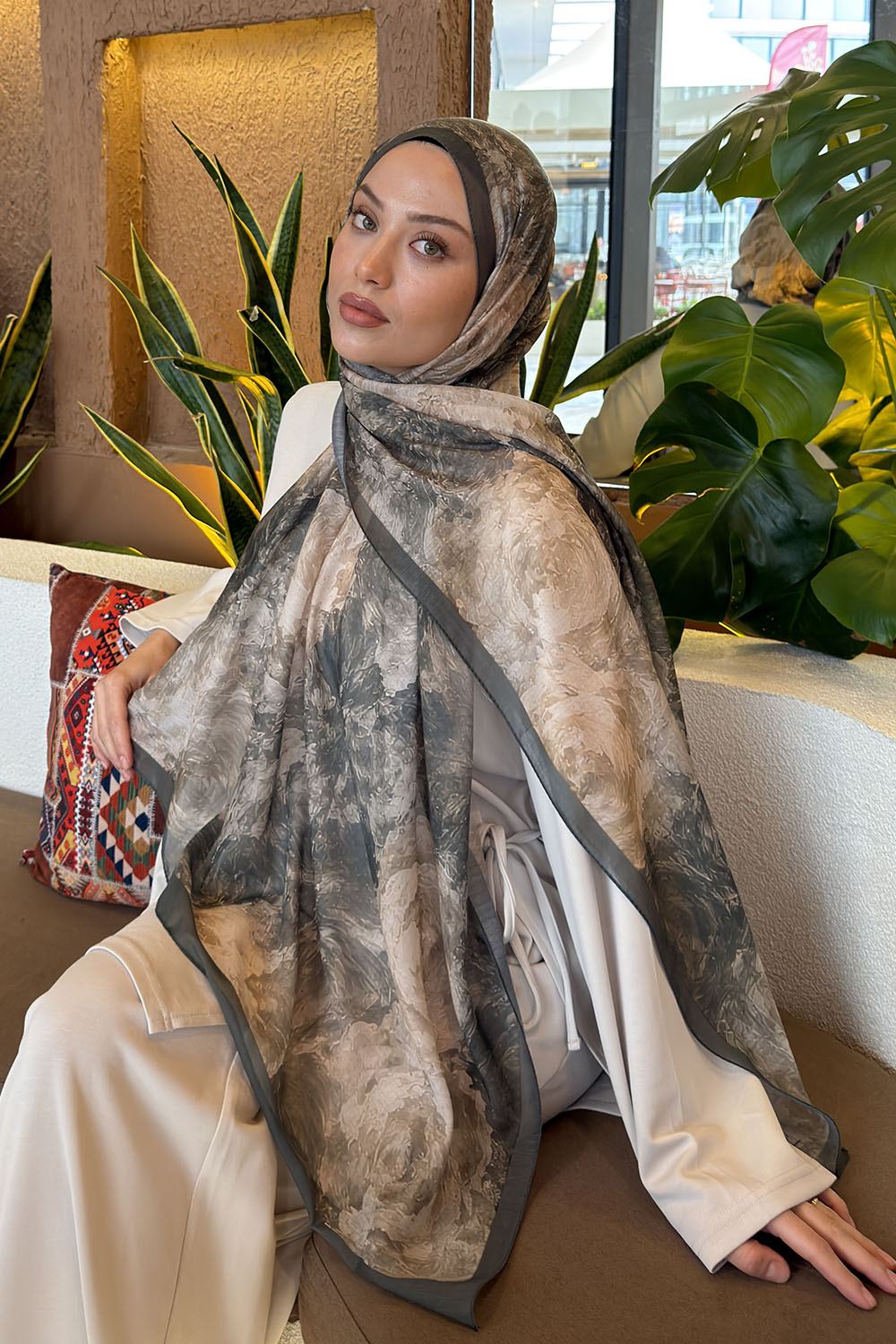 Lamelif Gül Çiçek Desen Ferah Şal Yaprak Yeşili