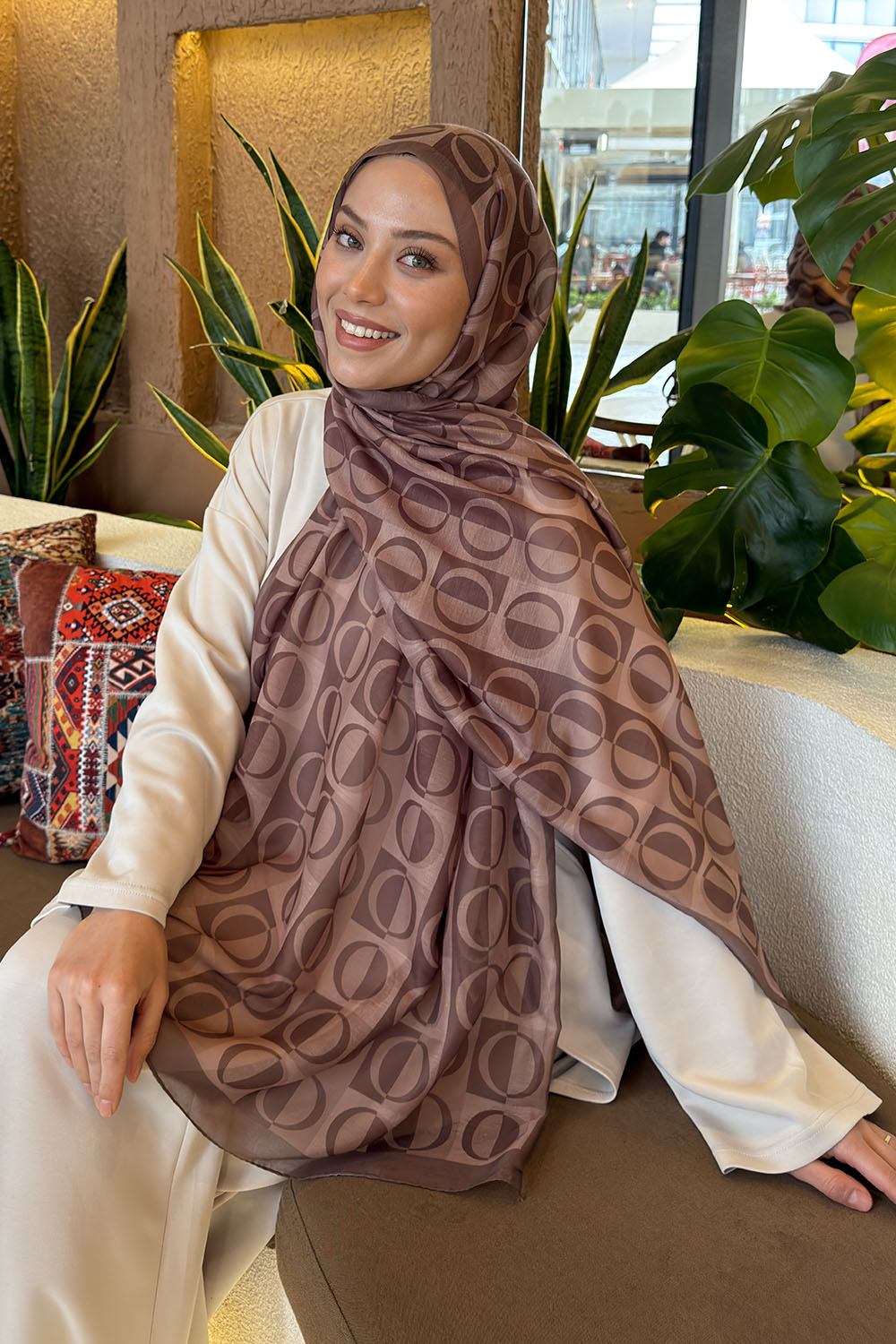 Lamelif Halka Desen Ferah Şal Soft Kahve