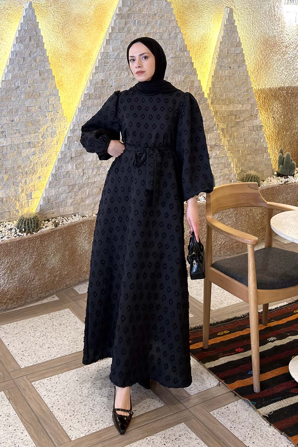 Lamelif Kabartma Nakış İşlemeli Tesettür Elbise Siyah