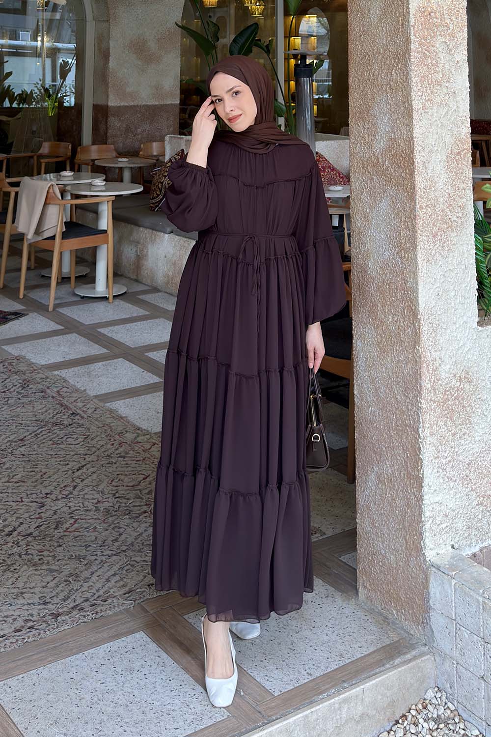 Lamelif Kat Kat Detaylı Tesettür Elbise Acı Kahve