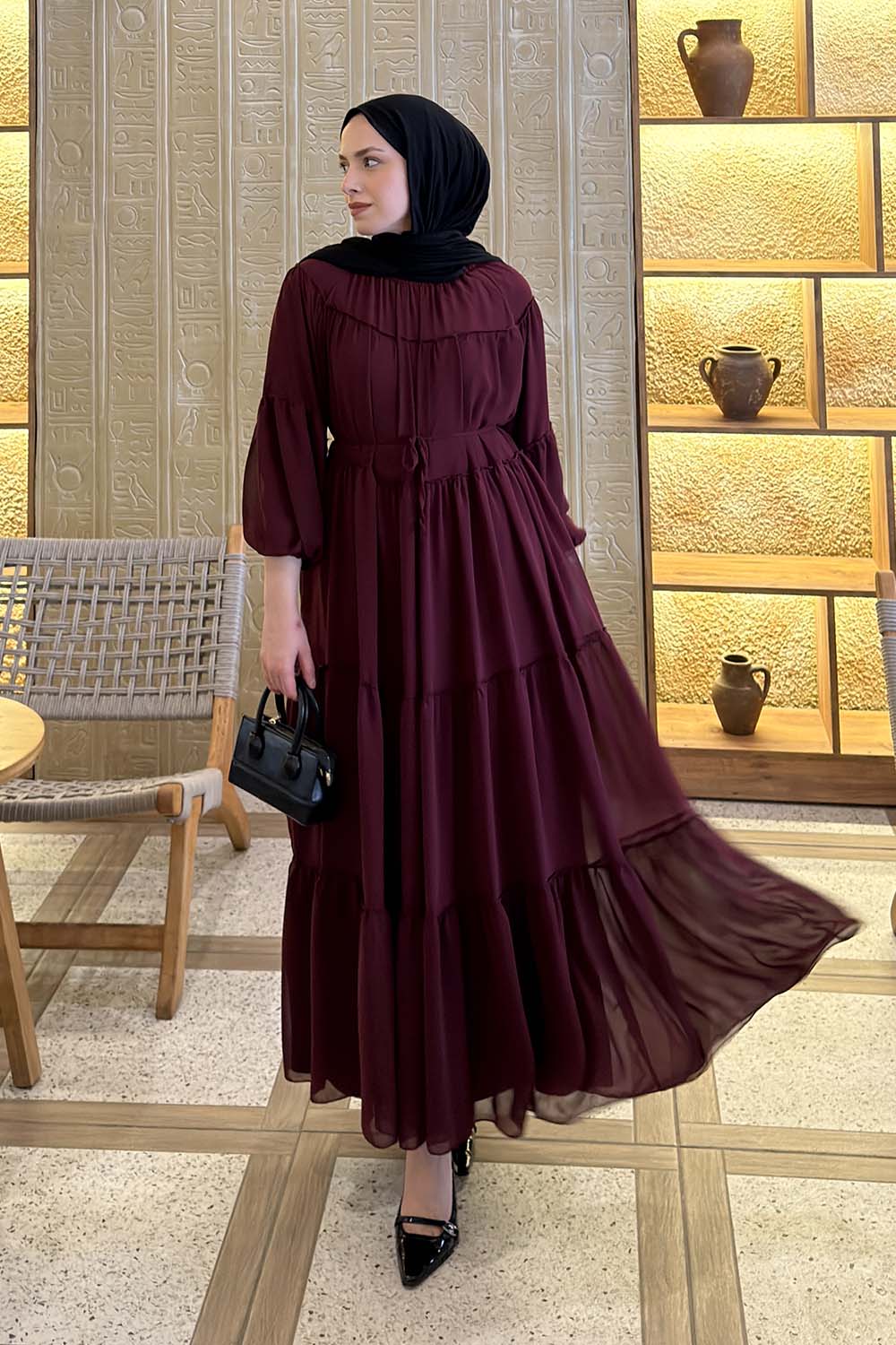 Lamelif Kat Kat Detaylı Tesettür Elbise Bordo