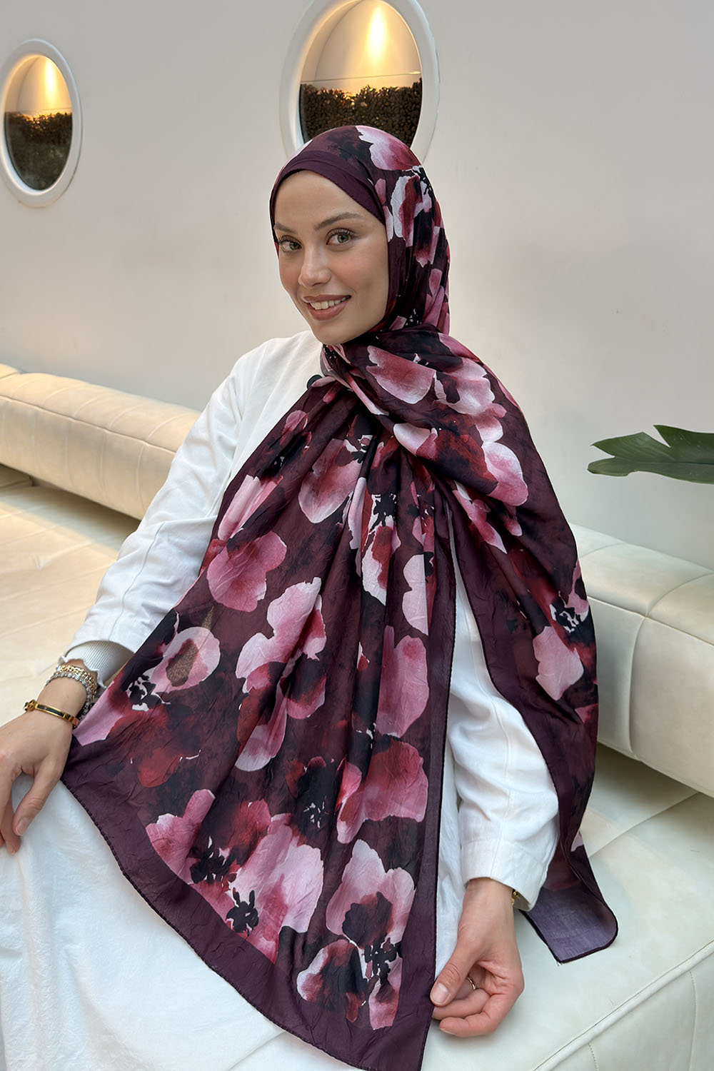 Lamelif Batik Çiçek Desen Bambu Şal Bordo