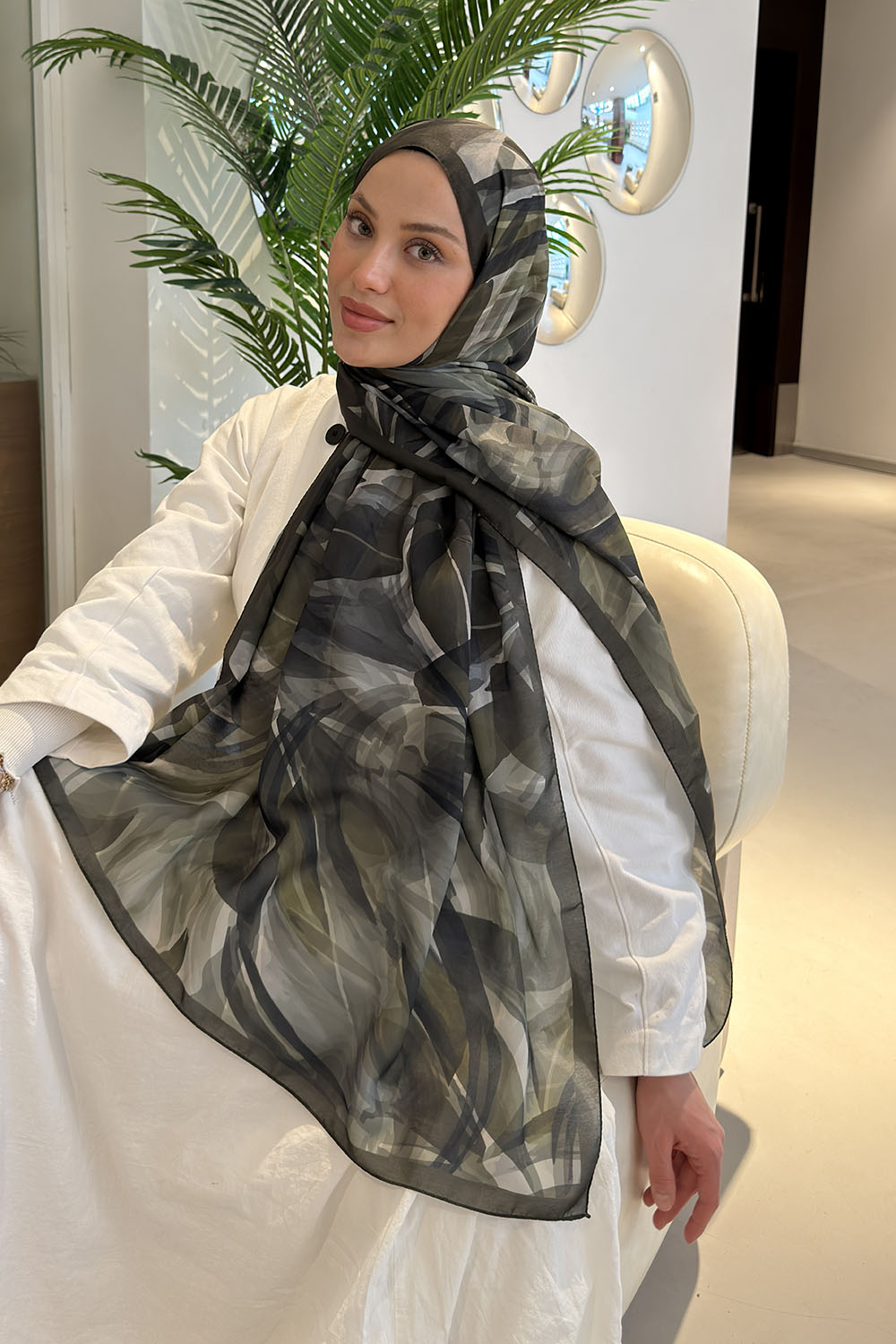 Lamelif Brush Desen Soft Şal Haki