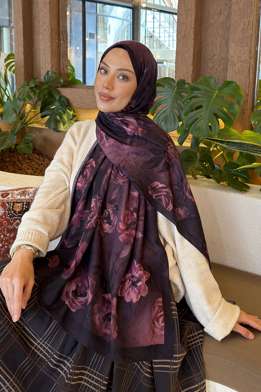 Lamelif Çiçek Desen Bambu Şal Mürdüm