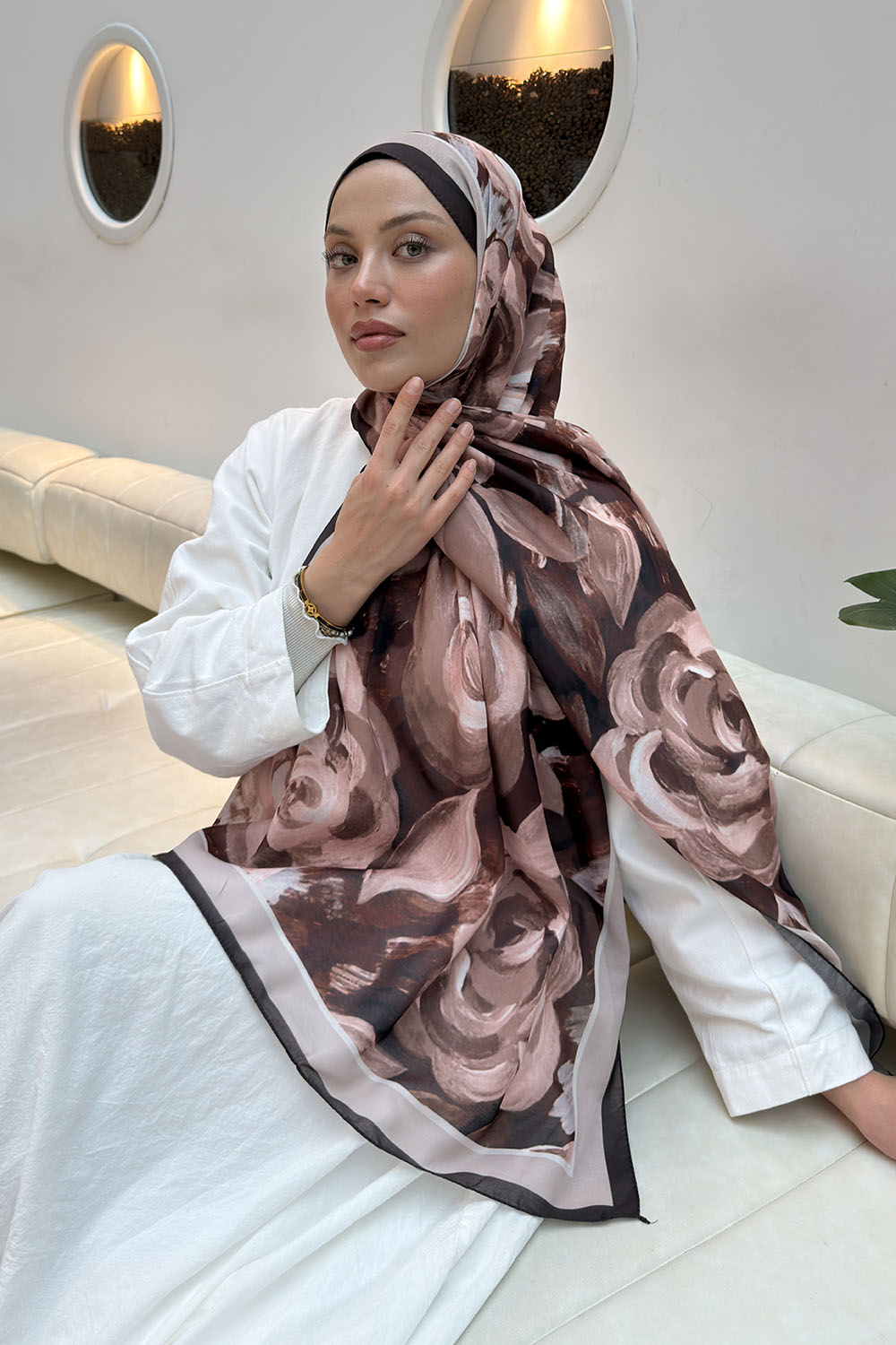 Lamelif Çiçek Desen Pamuk Şal Acı Kahve