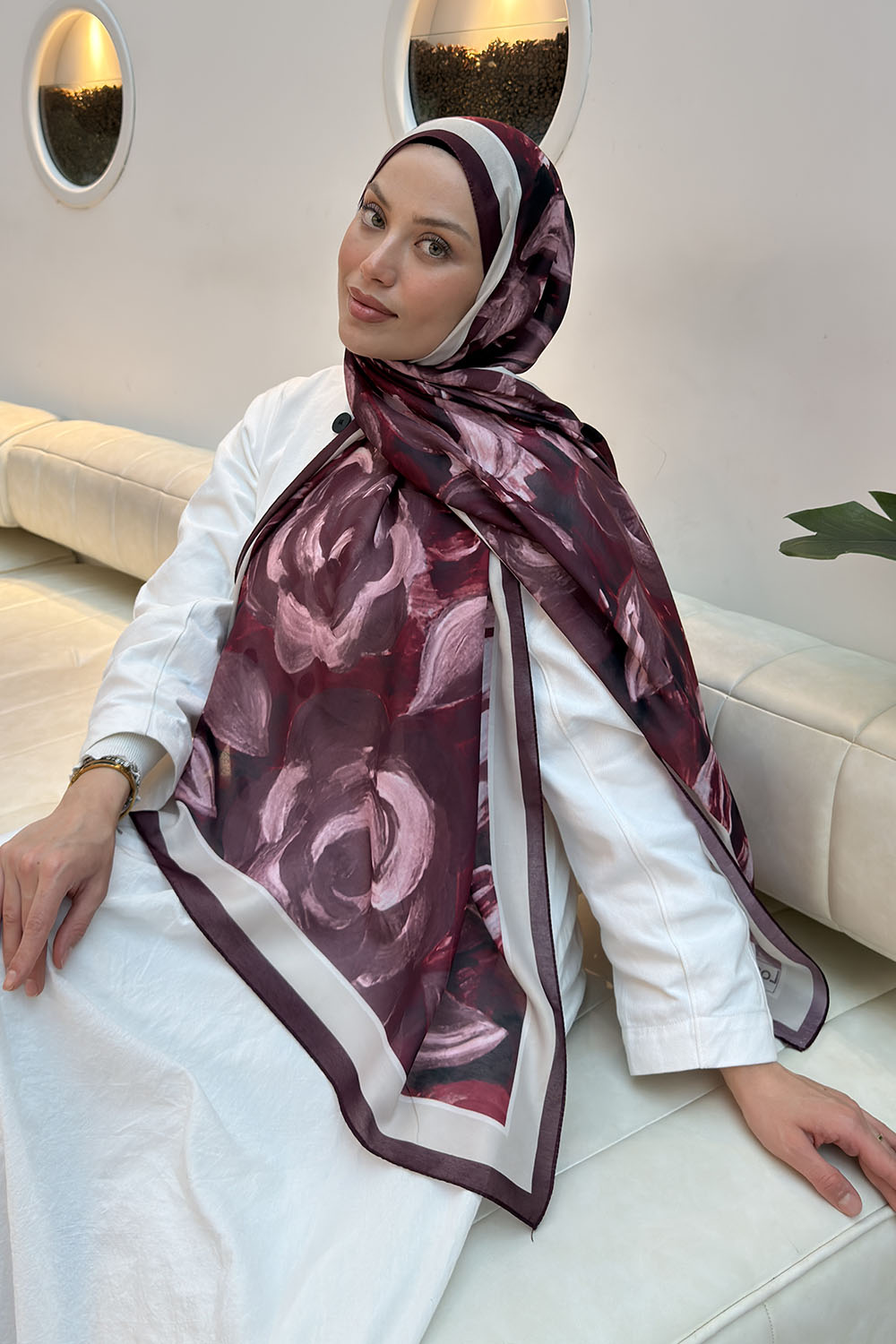 Lamelif Çiçek Desen Pamuk Şal Bordo Vizon