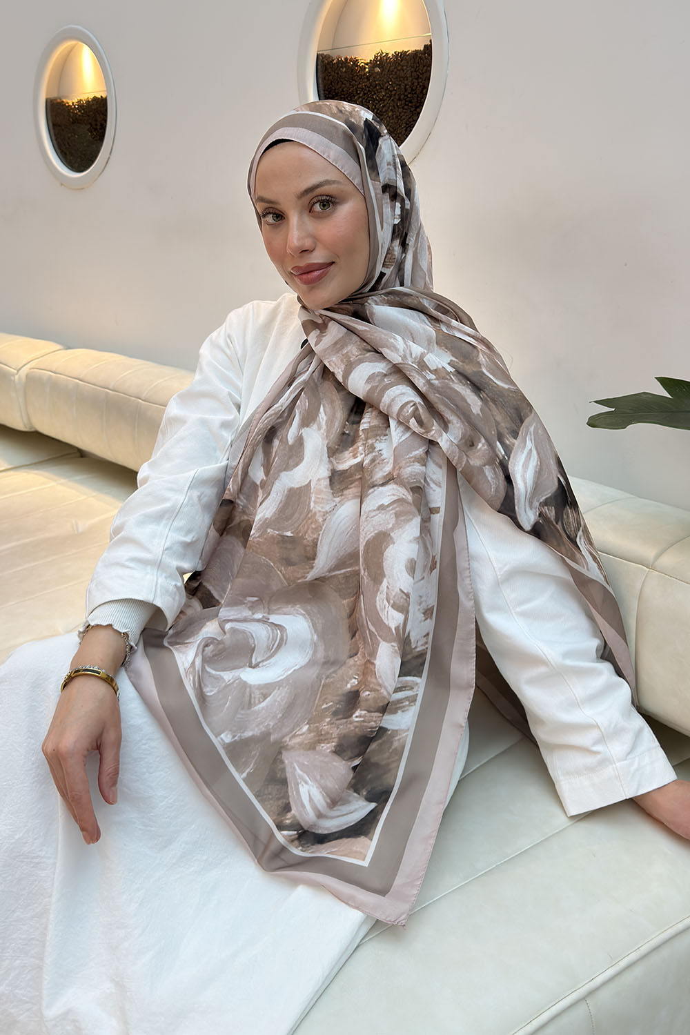 Lamelif Çiçek Desen Pamuk Şal Koyu Vizon