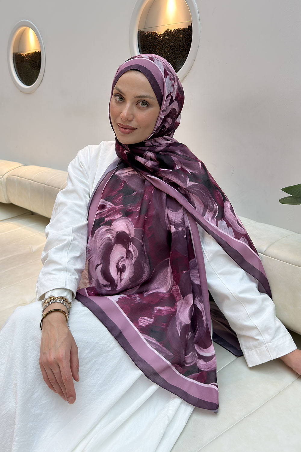 Lamelif Çiçek Desen Pamuk Şal Mürdüm