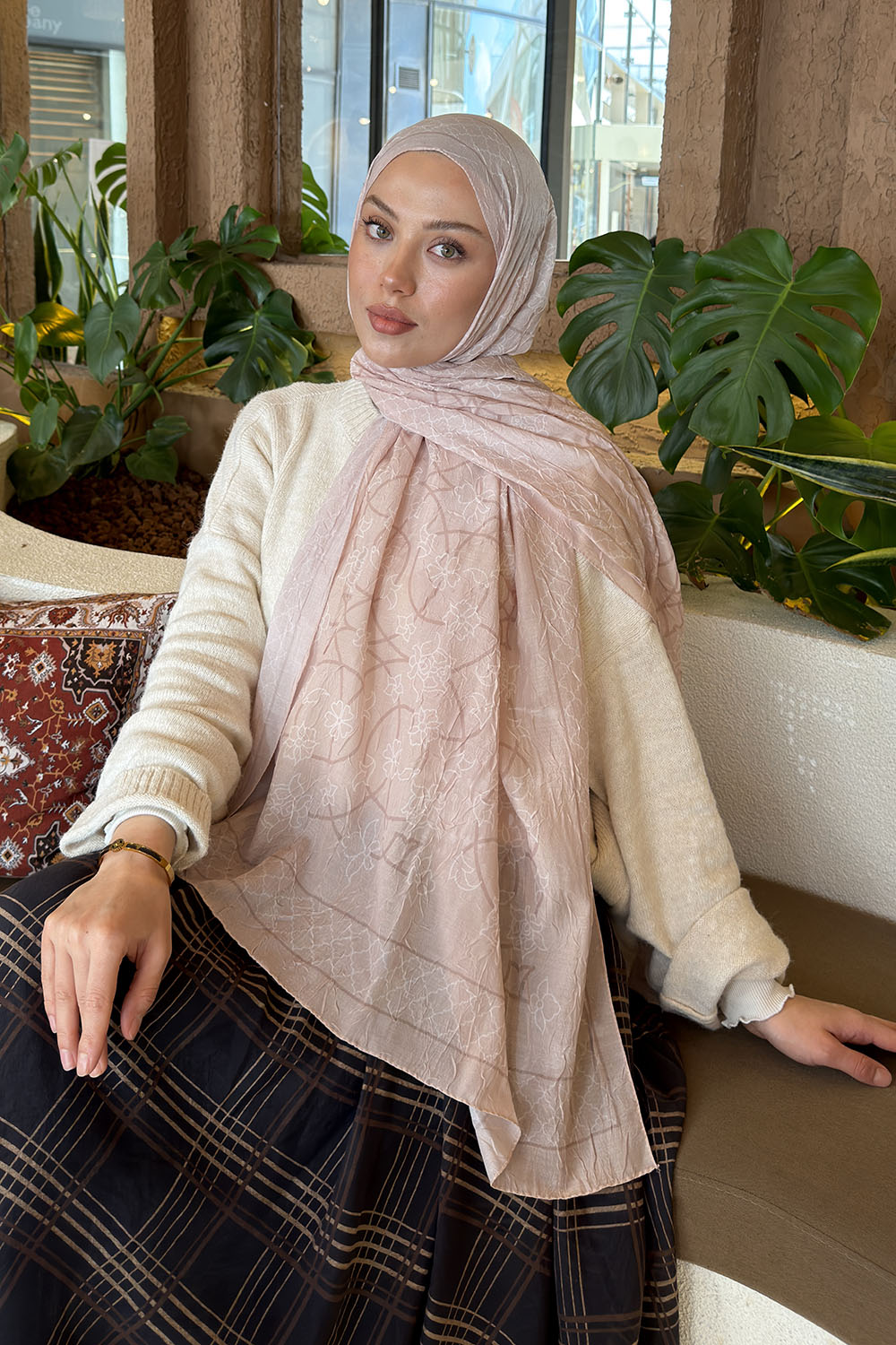 Lamelif Geometrik Desen Bambu Şal Bej