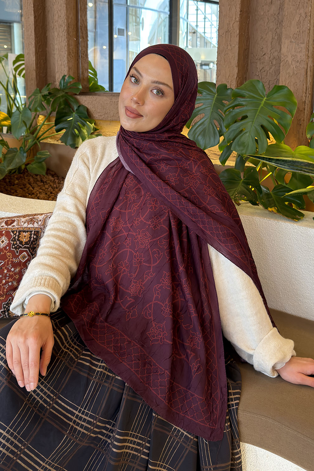 Lamelif Geometrik Desen Bambu Şal Koyu Bordo