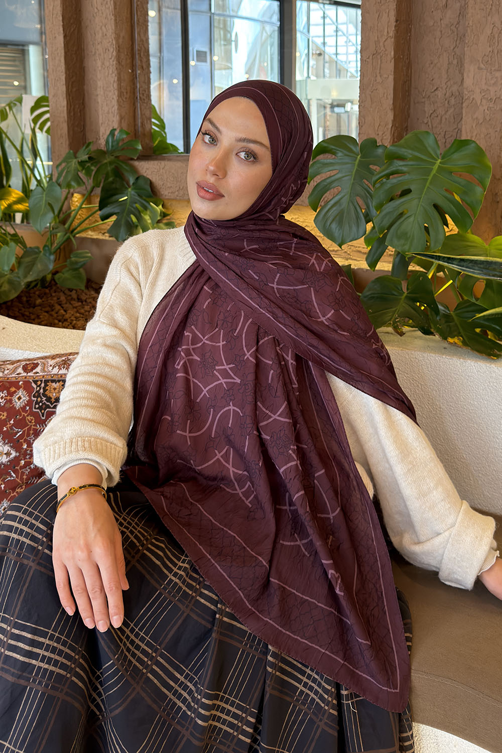 Lamelif Geometrik Desen Bambu Şal Mürdüm