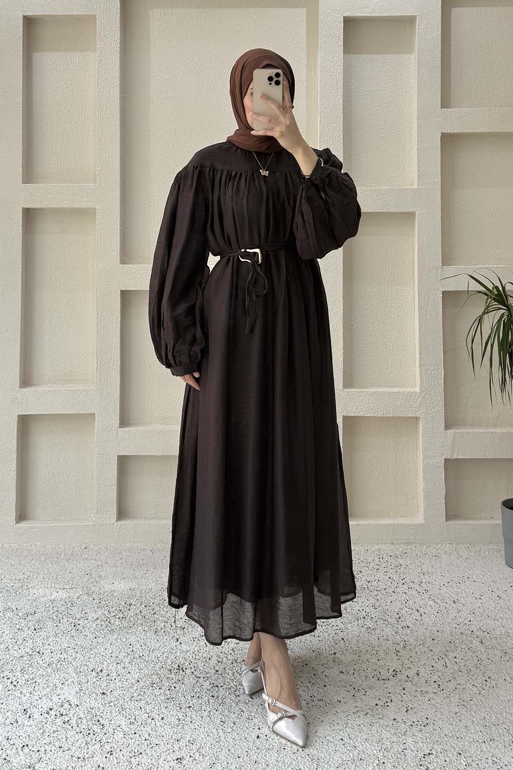 Lamelif Kemer Detaylı Tesettür Elbise Acı Kahve