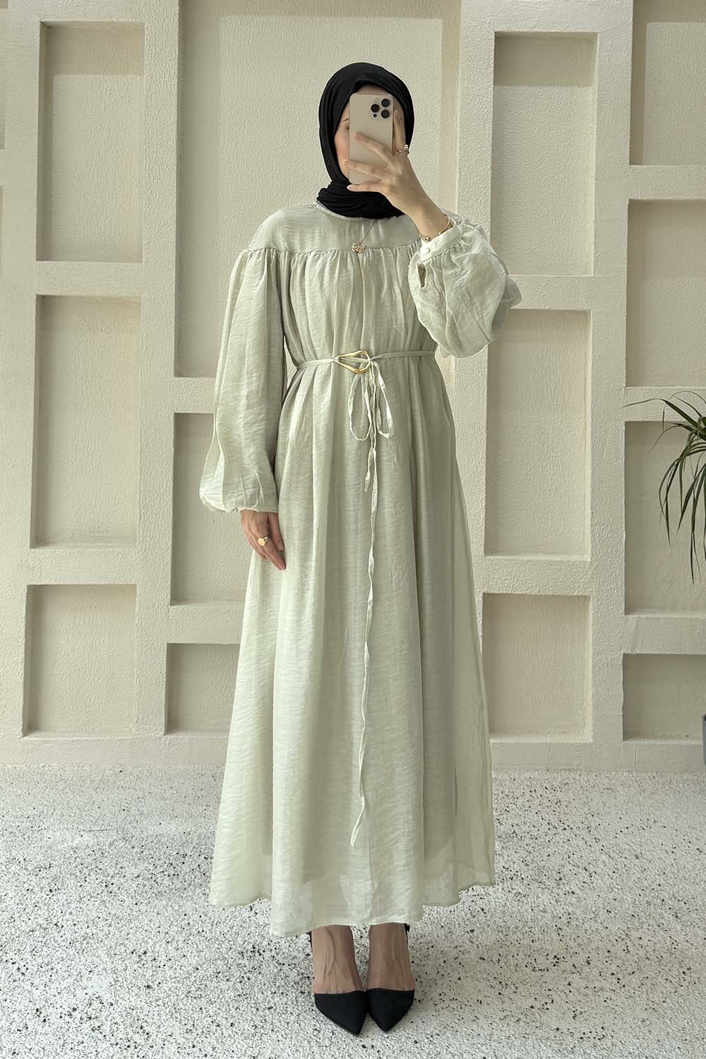 Lamelif Kemer Detaylı Tesettür Elbise Küf Yeşili