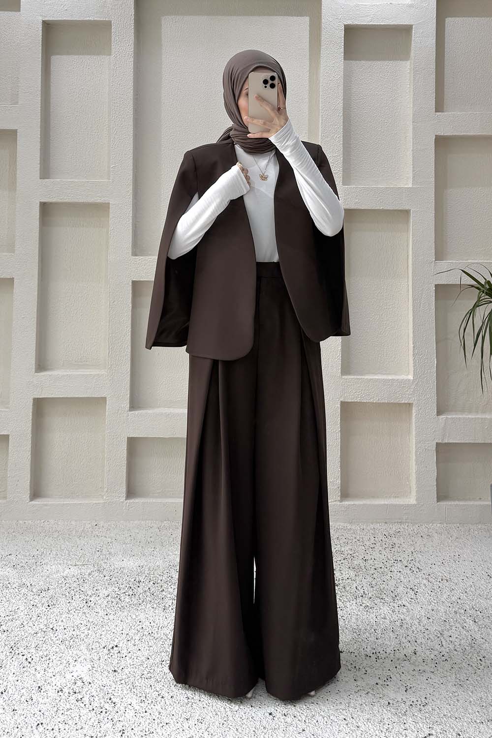 Lamelif Panço Ceketli Etek Pantolon Takım Acı Kahve