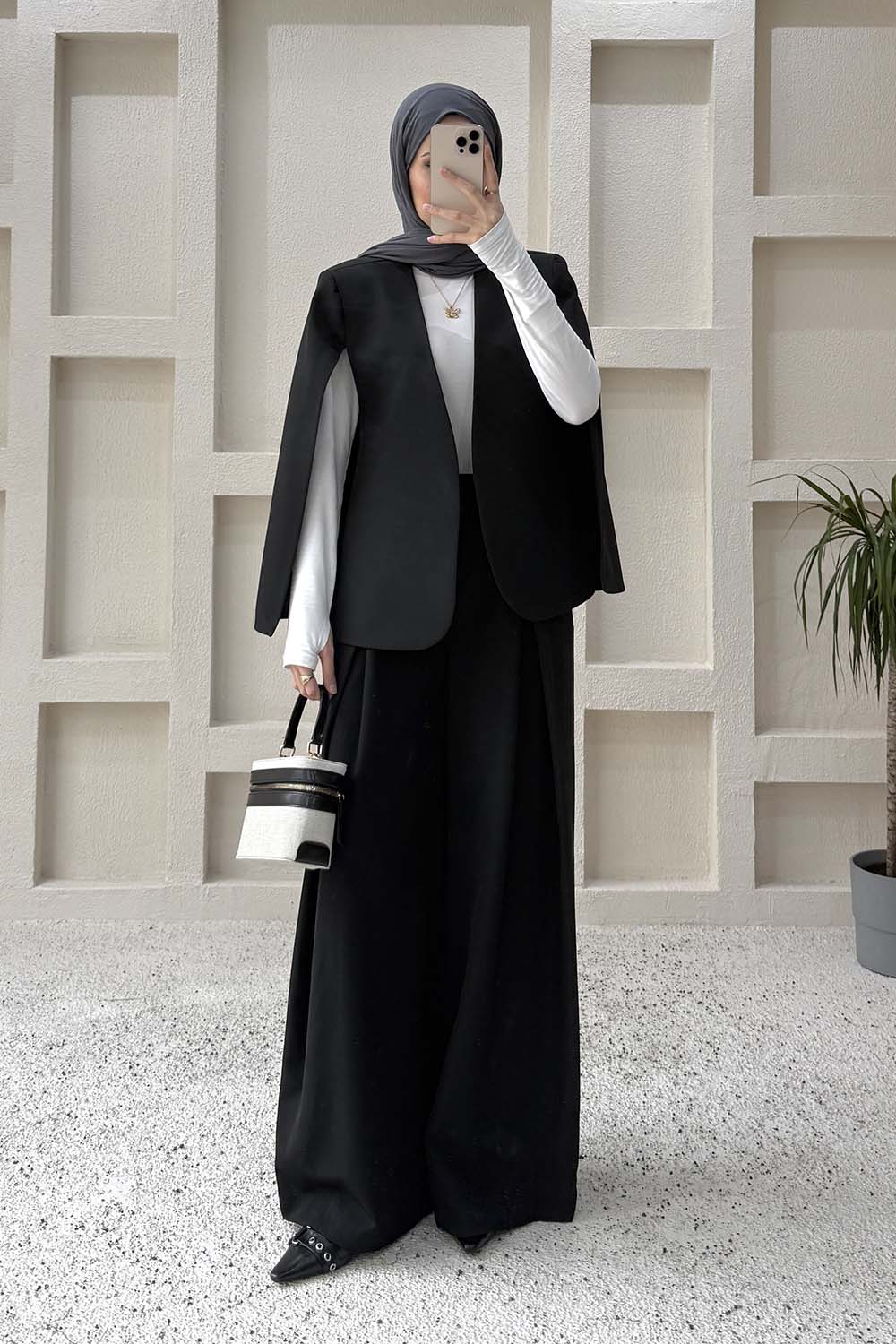 Lamelif Panço Ceketli Etek Pantolon Takım Siyah