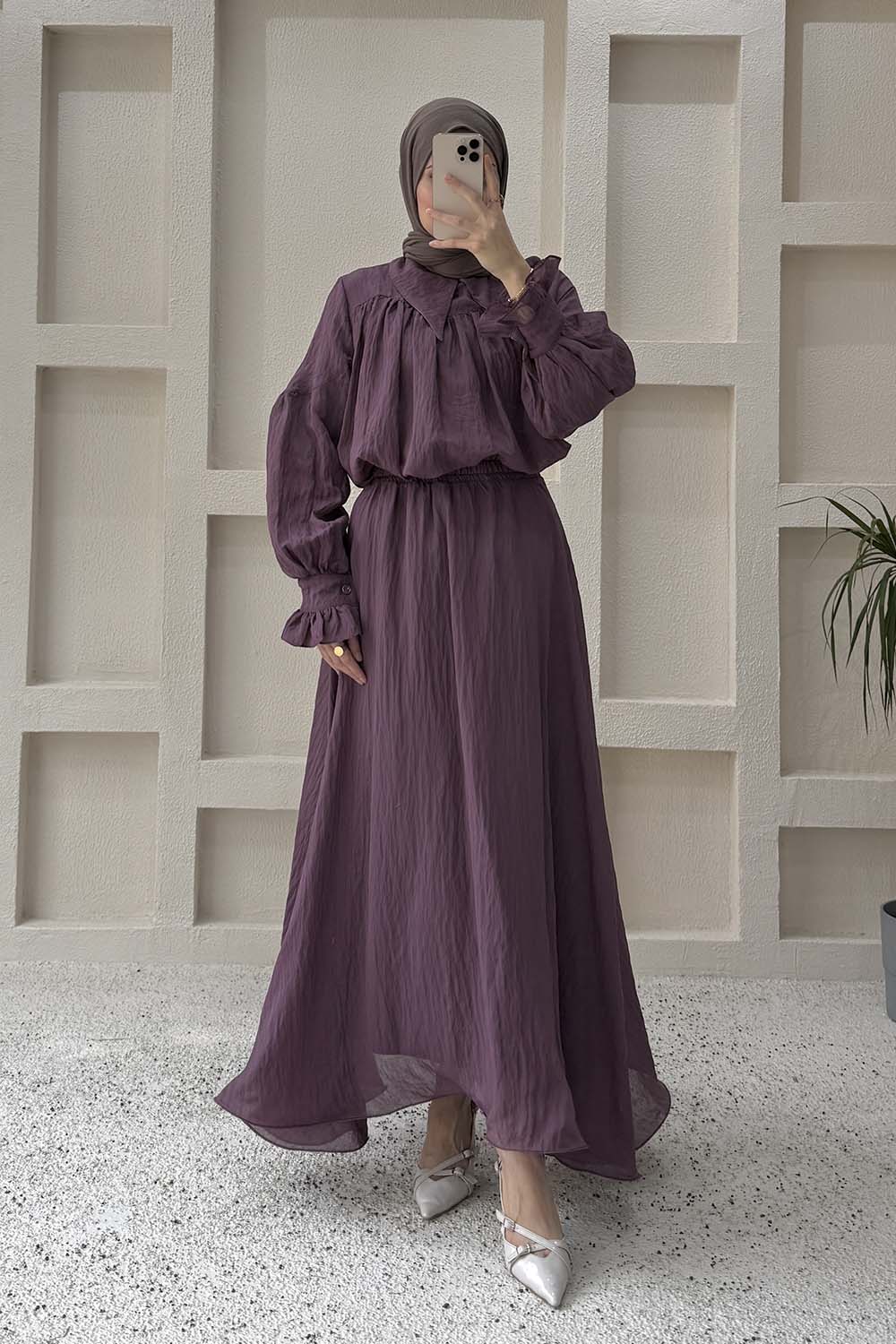 Lamelif Tesettür Şifon Takım Mürdüm