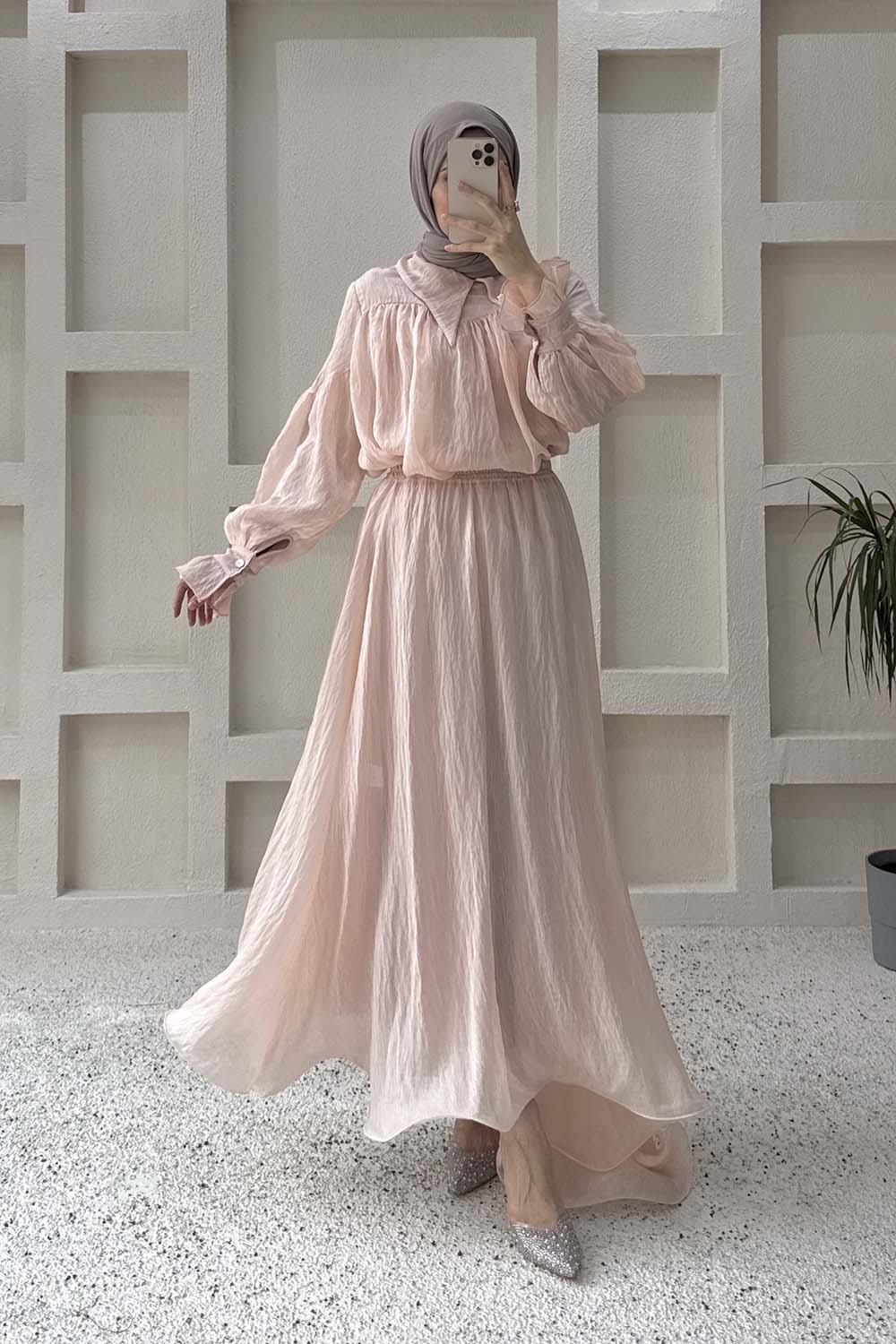 Lamelif Tesettür Şifon Takım Pudra Pembe