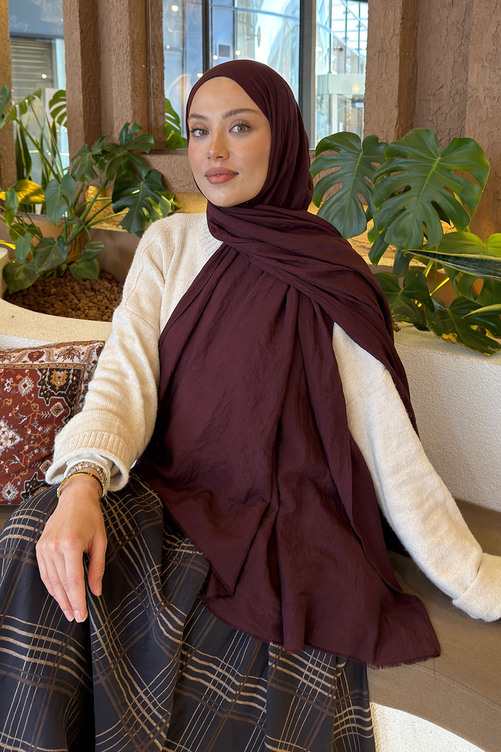 Lamelif Organik Premium Şal Koyu Bordo